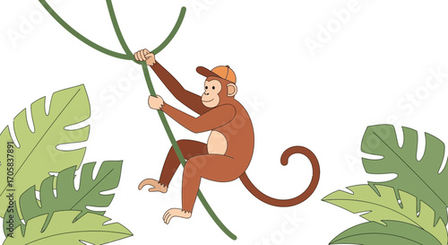 Animated Monkey Swings From Vegetation Branch with Leaves in Tropical Environment Illustration