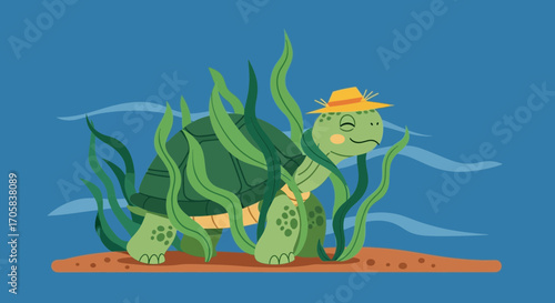 A Whimsical Turtle Relaxing Undersea With A Hat On Its Head For Fun And Joy