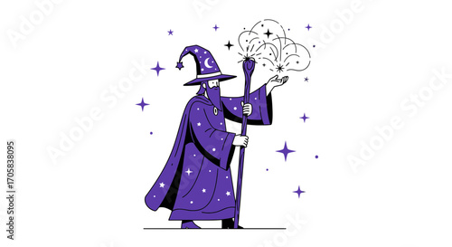 A Wizard Conjuring Magic, Holding Staff, Dressed in Purple Robes, And Emitting Sparkling Energy