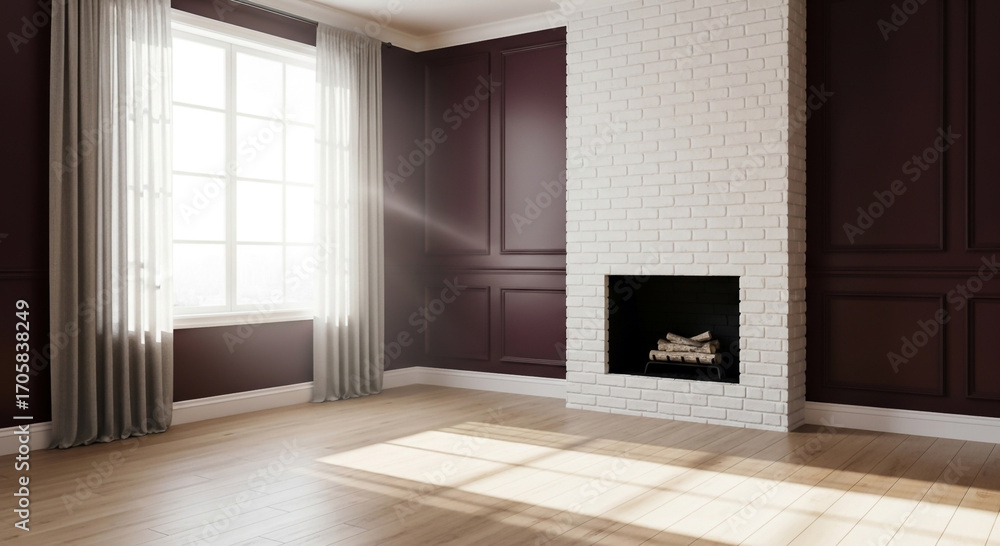 Fototapeta premium Cozy freshly painted modern interior room with a white brick fireplace, dark burgundy paneling, large window with curtains, and warm wooden floors bathed in sunlight.
