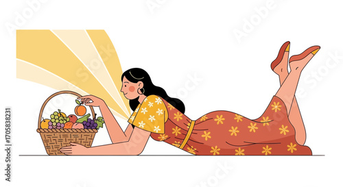 A Woman Enjoys The Freshness Of Fruit In The Peaceful Sunny Day