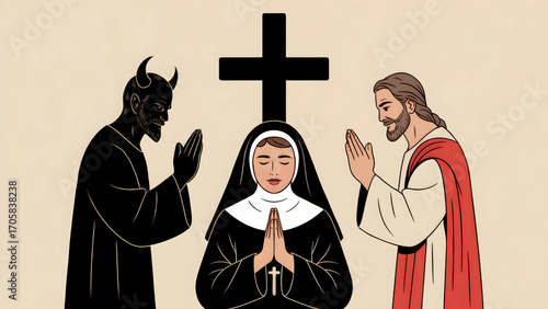 A conceptual illustration of a spiritual struggle, featuring a nun praying between a demonic figure and Jesus, symbolizing good and evil