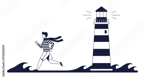 Animated Sailor Approaches Lighthouse, Achieving Navigation's Guidance in Monochrome Art