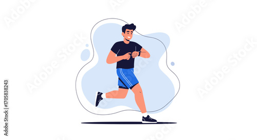 Animated Runner Exercising Outdoors With Smartwatch Checking Fitness Progress