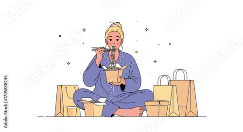 A Woman Enjoys Noodles While Relaxing At Home Surrounded By Shopping Bags Illustration