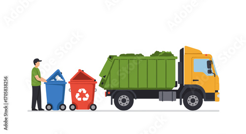 Garbage collection truck with recycling bins and worker in flat design