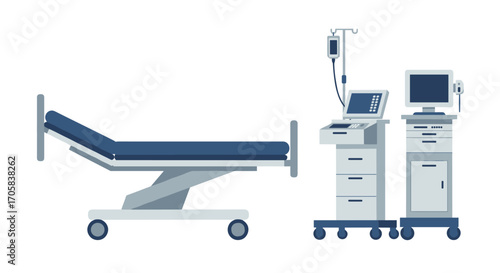 Hospital equipment set on wheels in flat design