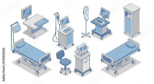 Isometric medical equipment collection featuring hospital bed and medical cart designs
