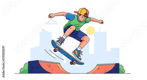 Animated Skateboarder Performing a Daring Aerial Trick on a Sunny Day