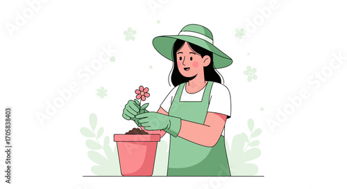 A Woman Planting A Flower In A Pot, Showing Patience And Care During Planting