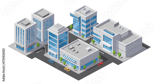 Modern urban cityscape with isometric buildings and streets