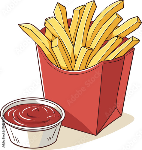 Classic French Fries with Ketchup Hand-Drawn Fast Food Snack Illustration Simple Vector of Fried Potatoes and Dip Delicious French Fries in a Red Container
