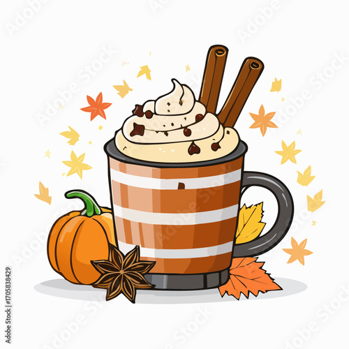 Autumn Pumpkin Spice Latte Vector Set — Cozy Coffee Mug with Whipped Cream, Cinnamon Sticks, Pumpkins, and Fall Leaves