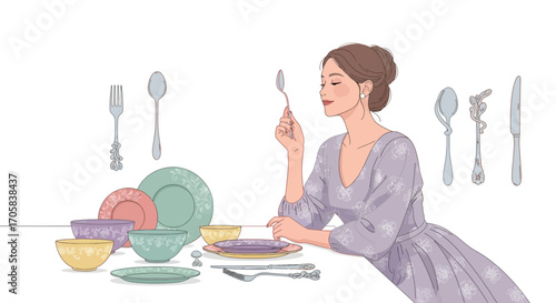 A Woman Prepares For Dining With Utensils And Dinnerware, Peaceful Moment