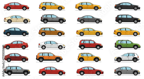 Diverse collection of colorful cars displayed in side view on white background