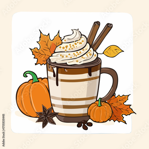 Cozy Pumpkin Spice Latte with Cinnamon Sticks, Whipped Cream, and Autumn Leaves Illustration