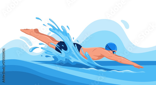 Animated Swimmer In Action Creating Spray Of Water, Artistic Illustration, Front View
