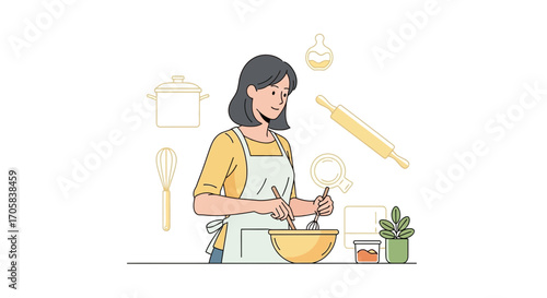 A Woman Preparing Food, Cooking A Meal In The Kitchen Illustration Design