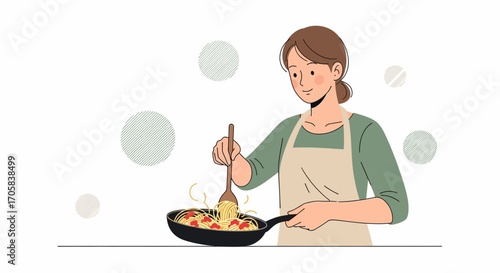 A Woman Preparing Pasta With Tomatoes in a Frying Pan at Home Kitchen