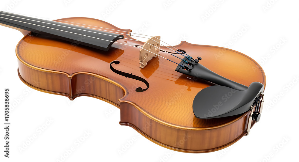 Fototapeta premium A polished wooden violin, rich golden-brown hue, rests diagonally on a black backdrop, showcasing its elegant curves and intricate details.