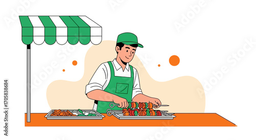 A Young Chef Prepares Skewers In A Street Food Stall Ready To Serve Customers Quickly