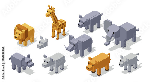 Isometric geometric animals collection: giraffe, elephant, lion, pig, rabbit