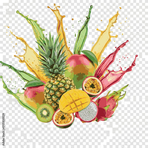 Fruits Water Splashes Composition, Fresh tropical fruits with colorful juice splashes on transparent background. Perfect for juice packaging, drink ads, and healthy product design.