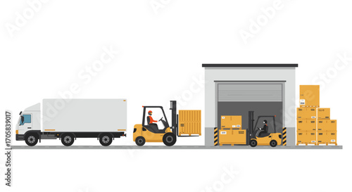 Isometric distribution center with trucks and forklifts for efficient logistics