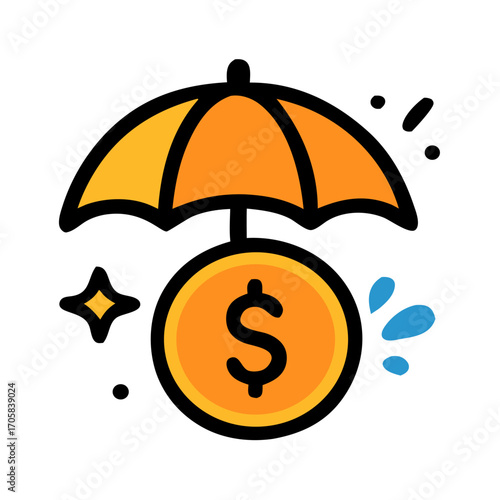 Vector icon of umbrella protecting money coin. Perfect for finance security, savings protection, business insurance, investment safety, and risk management concepts