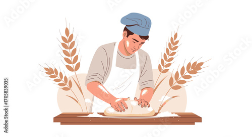 Artisan Baker Kneading Dough Preparing Golden Bread With wheat Stalks And a Chef Hat