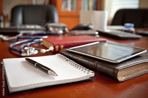 Wallpaper Mural Office desk with notepad, pen, tablet, books, and medical stethoscope, with a coffee mug and other items in blurred background Torontodigital.ca