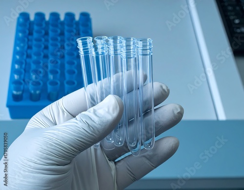 Gloved hand holding test tubes in a lab