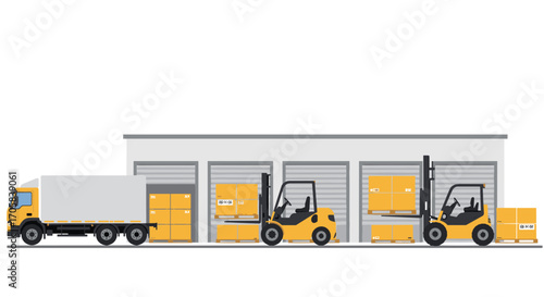 Logistics hub with trucks and forklifts in flat design for warehouse operations