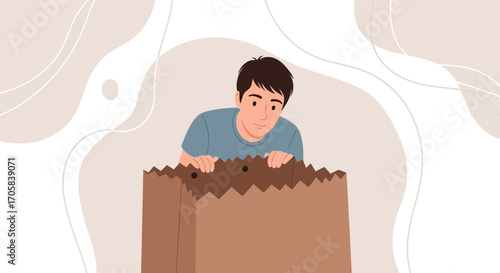 A Young Man Peeking Into A Brown Paper Bag With Curiosity And Anticipation Scene