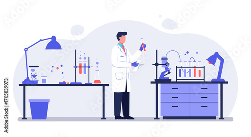 Scientist in modern lab analyzing samples with advanced equipment in flat design