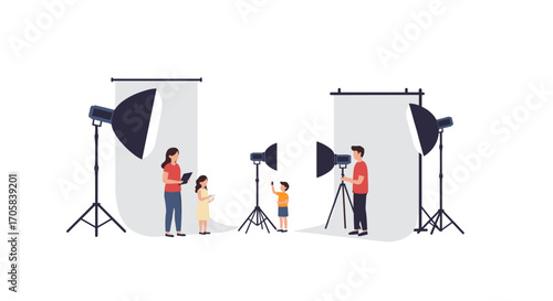 Family photo studio session with professional lighting equipment