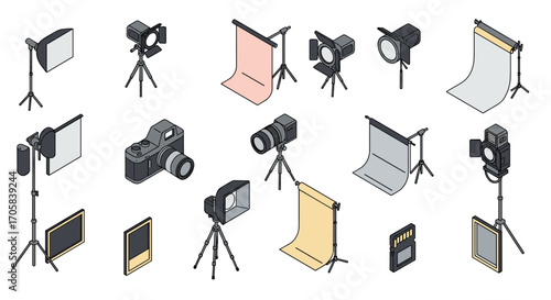 Isometric photography equipment set with cameras, lighting, and backdrops