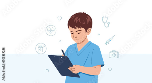 A Young Medical Professional Diligently Records Details on a Clipboard Amidst Medical Symbols