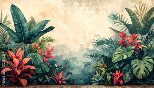 Botanical Illustration of Tropical Plants. A vibrant and detailed wall mural featuring diverse tropical plants with a vintage sketch overlay, perfect for creating an exotic and artistic atmosphere.