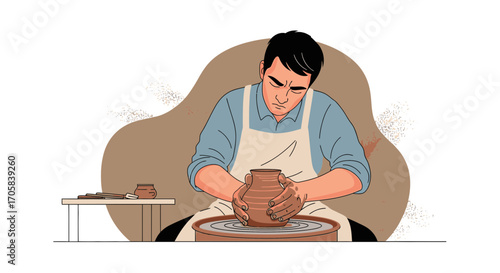 Artisan Crafting Pottery On The Wheel Creating Handmade Ceramics Illustrative Design