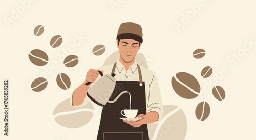 Artisan Pouring Coffee Into Cup, Illustration of Caffeine Culture, Cafe Scene