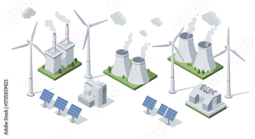 Renewable and traditional energy sources in isometric design
