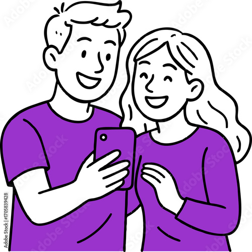 hand drawn style  Flat vector design ilustration happy couple with smartphone taking selfie
