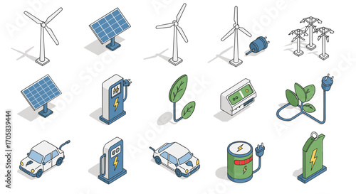 Isometric renewable energy elements featuring wind, solar, and electric symbols for sustainable tech designs