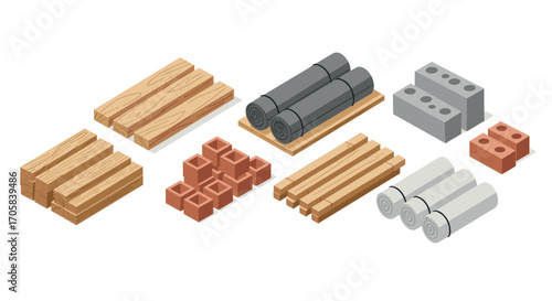 Isometric building materials set with wood, concrete blocks, and metal rolls