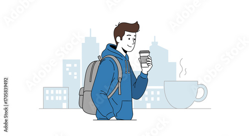 A Young Person With A Coffee And Backpack In Front Of City Buildings