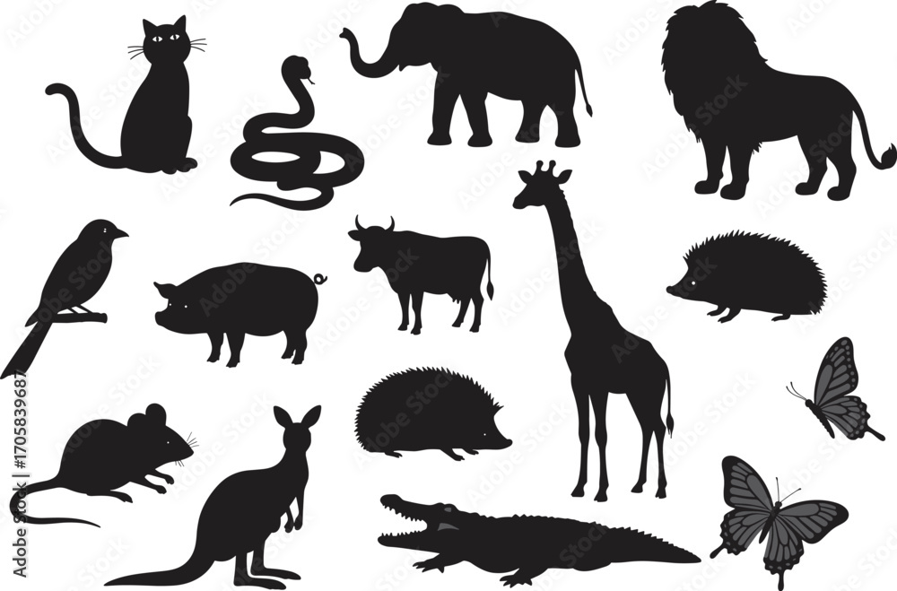 Fototapeta premium Animal silhouettes vector set including wild and domestic animals, cat, lion, elephant, giraffe, snake, birds, butterfly, crocodile
