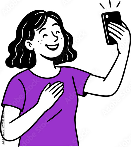  Flat vector design ilustration happy woman with smartphone taking selfie