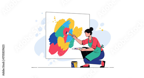 Artist At Work Creating Painting With Colorful Brushstrokes And Artistic Expression
