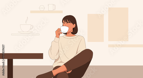 A Young Woman Enjoys Her Morning Drink, Relaxing Peacefully Inside A Warm Room